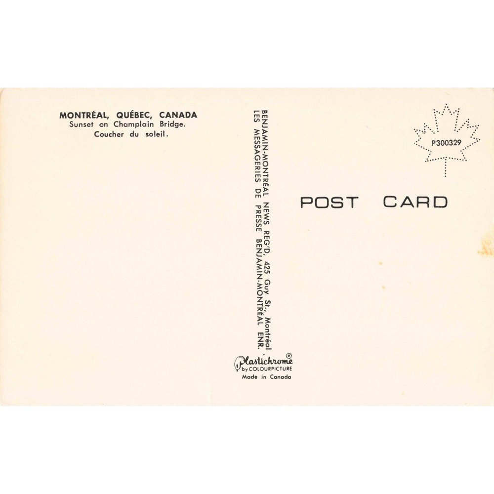 Vintage Montreal Quebec Canada Sunset on Champlain Bridge Postcard Plastichrome - Picture 2 of 2